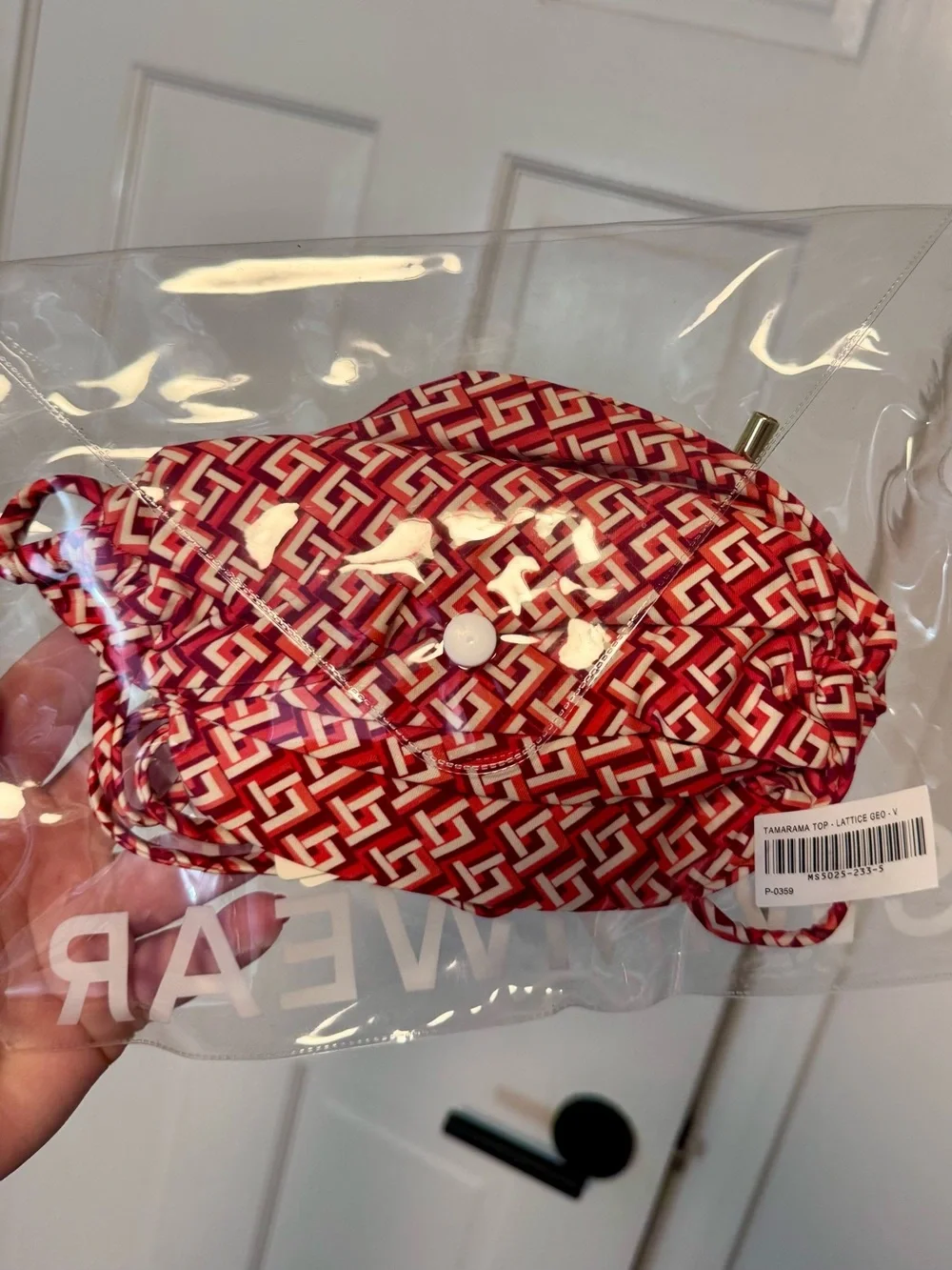 Monday Swimwear | Tamarama Bandeau Top, Red Lattice Geo, Size V (XL) - NWT